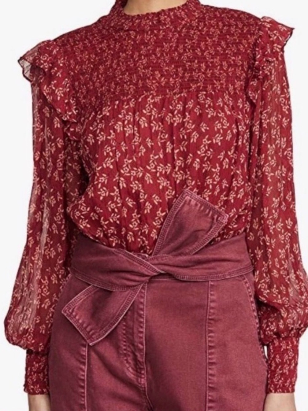 Free People Berry Red Roma Mock Neck Long Sleeved Floral Blouse Medium